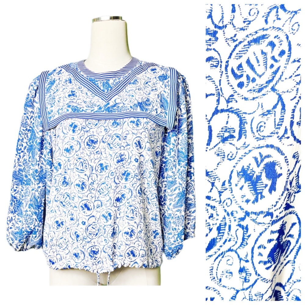 Diane Freis blue and white porcelain Floral sailor collar peasant blouse O/S.